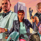 A group of GTA Online characters stand together in front of a orange sky and large skyscraper in the background.